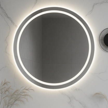HaloLux Round LED Bathroom Mirror — Frosted Front-Light Ring + Back-Lit Halo, Dimmable, Anti-Fog & Memory (3000K/4000K/5000K) | 24″, 28″, 32″ | CE & ETL Certified - www.Shopthatapp.com