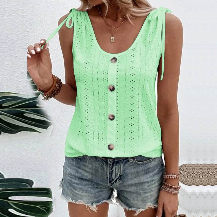 Casual summer U-neck Vest Women Shoulder With Bow Tie Summer blouse top - www.Shopthatapp.com
