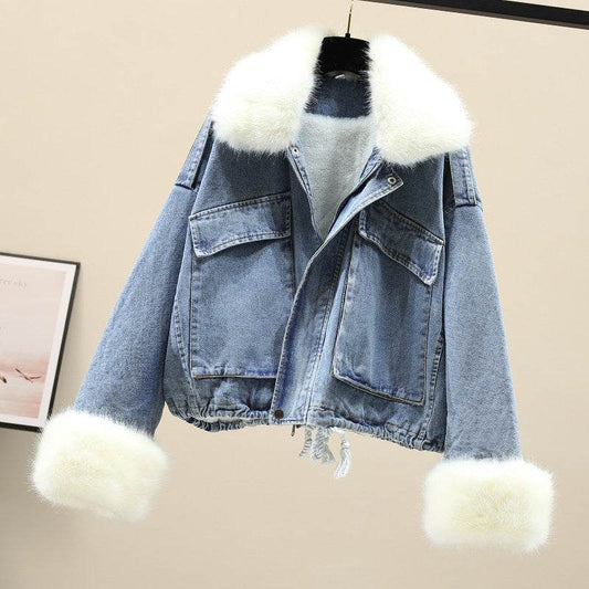 Furry Collar Denim Pie Overcoming Loose Plus Fleece Jacket Women