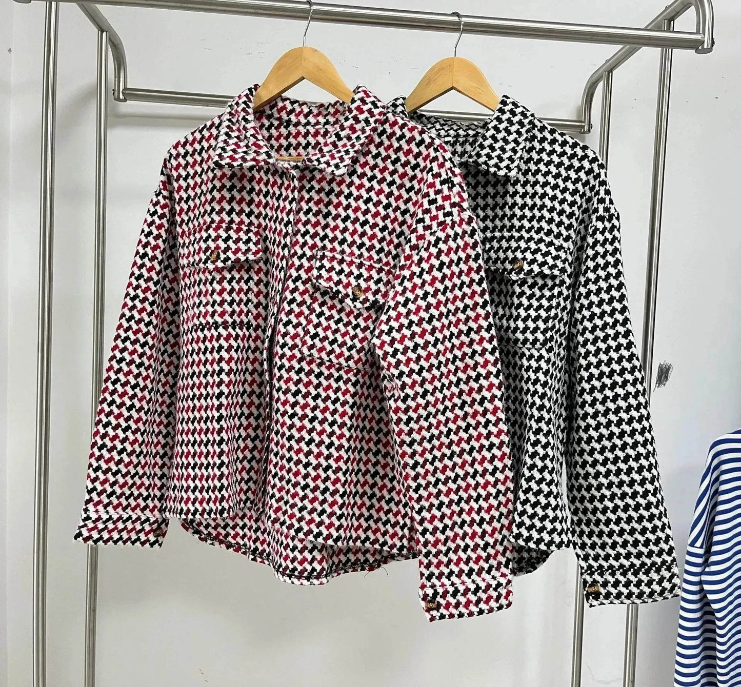 Casual Houndstooth Lapel Tweed Button long sleeve shirt tops for women - www.Shopthatapp.com