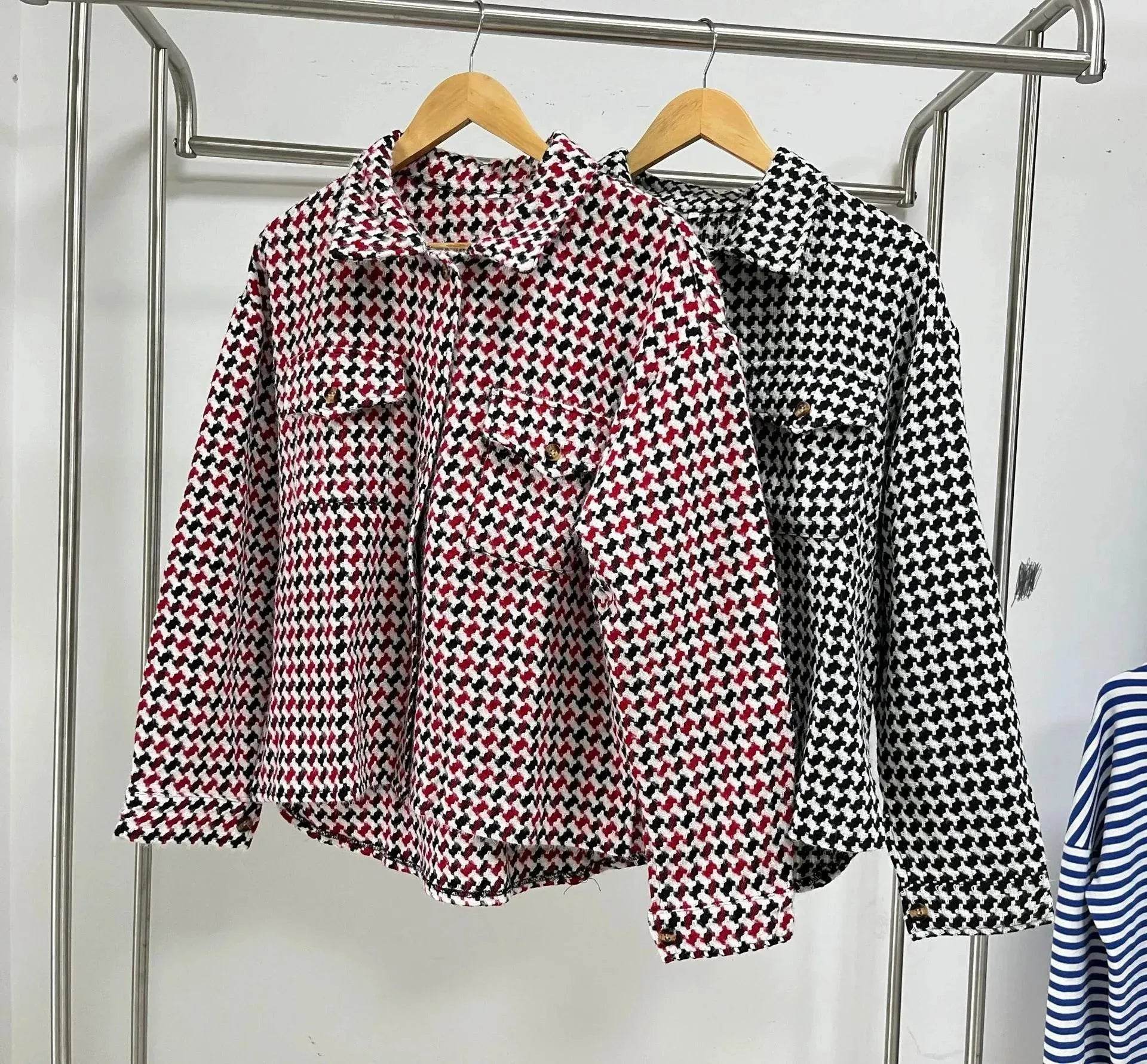 Casual Houndstooth Lapel Tweed Button long sleeve shirt tops for women - www.Shopthatapp.com