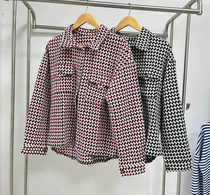 Casual Houndstooth Lapel Tweed Button long sleeve shirt tops for women - www.Shopthatapp.com