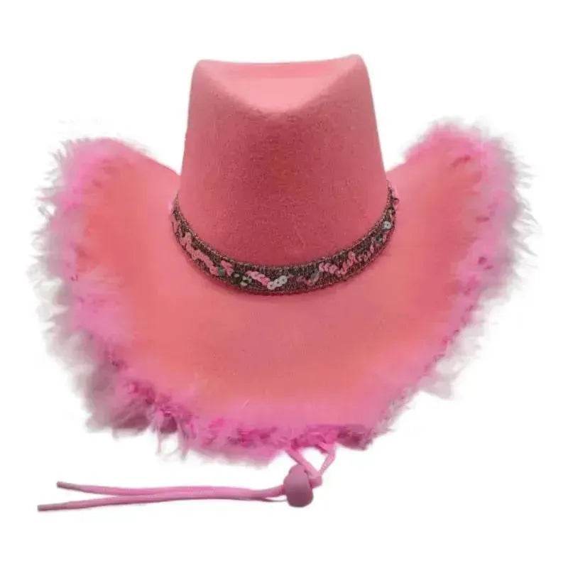 Trendy cowgirl hat Sequined Ribbon Upturned Eaves Raw Edge Denim Top Hat Pink Cowgirl Hat womens pink cowboy hat - www.Shopthatapp.com
