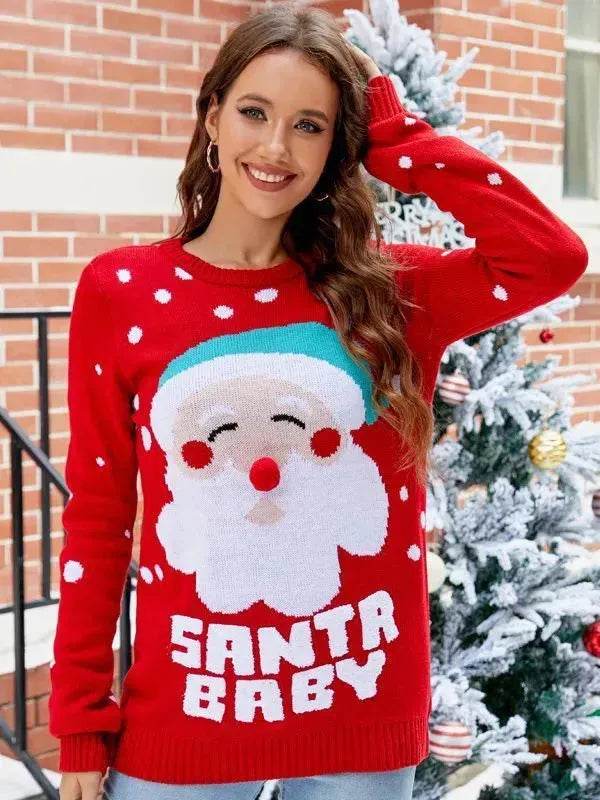 Women's Tops Santa Pullover Sweater Autumn And Winter Letter Embroidery Christmas Red Sweaters Long Sleeve Crew Neck Clothes - www.Shopthatapp.com