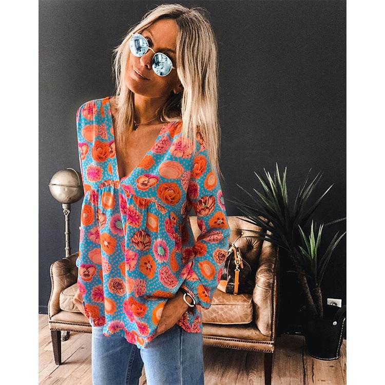 Women Casual Spring Summer New Style Blouse top Printing V-Neck Long-Sleeved - www.Shopthatapp.com