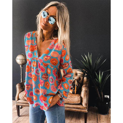 Women Casual Spring Summer New Style Blouse top Printing V-Neck Long-Sleeved - www.Shopthatapp.com