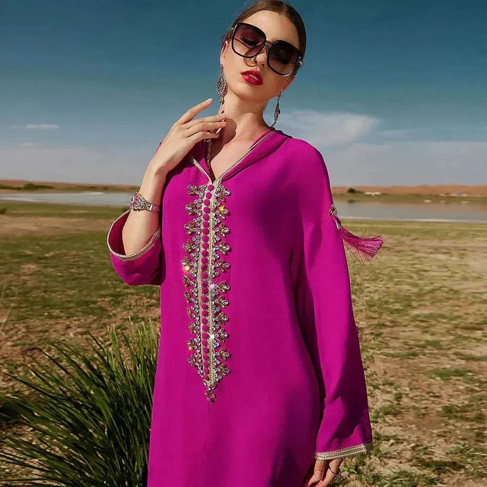 Women's Luxury Rose Red Hooded Middle East Moroccan Dubai Style Dress Fancy Embellish Summer Turkish dress - www.Shopthatapp.com