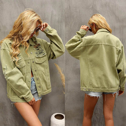 Perforated Coat Pocket Raglan Loose Jacket Women Denim - www.Shopthatapp.com