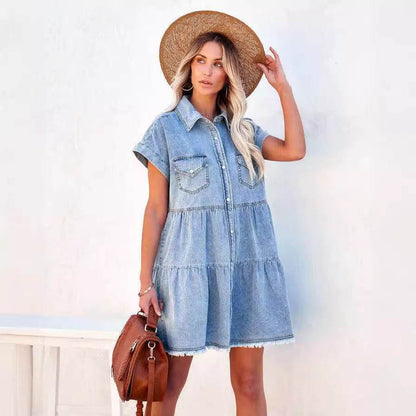 Casual Fashion Denim Short Sleeve loose mini Dress - www.Shopthatapp.com