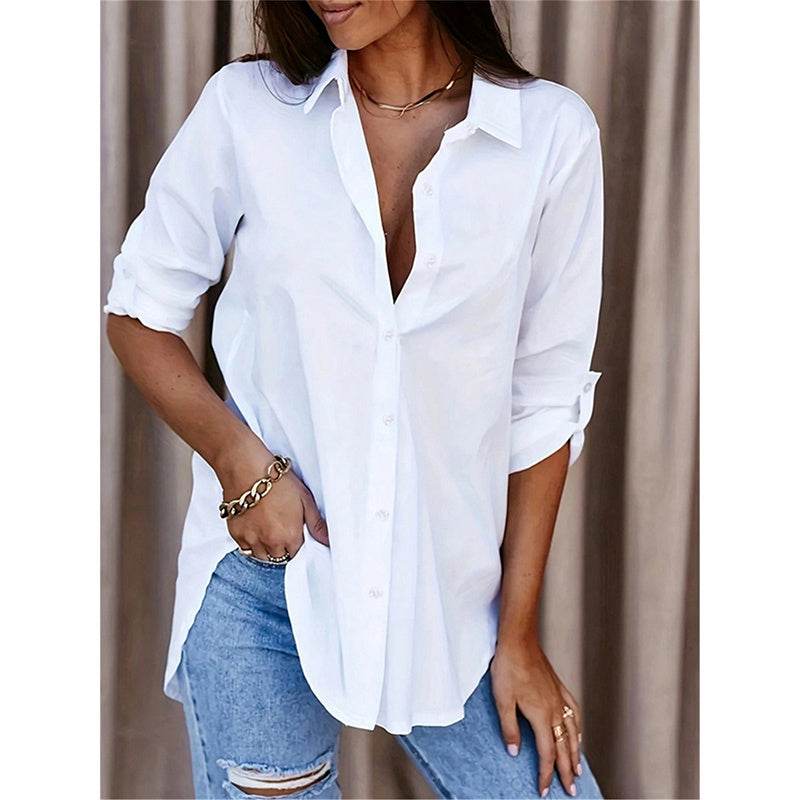 Women's Casual Long Sleeve Button-Down Shirt With Roll-Up Sleeves, Stylish Mid-Length Blouse For Everyday Wear - www.Shopthatapp.com