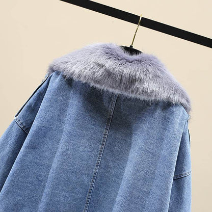 Furry Collar Denim Pie Overcoming Loose Plus Fleece Jacket Women