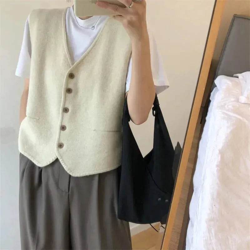 Women Sleeveless V-neck Button Down Knitted Vest Cardigan - www.Shopthatapp.com