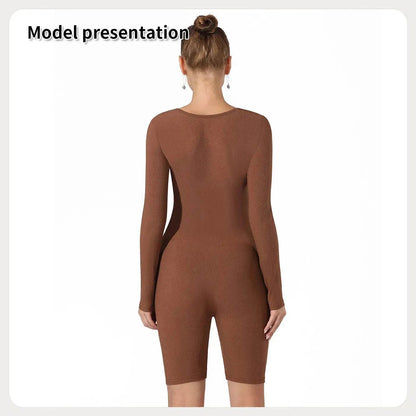 Women's Fashion Plain Long Sleeve Slim short Bodysuit Jumpsuit - www.Shopthatapp.com