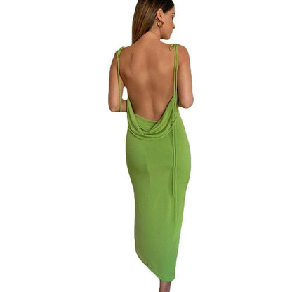 Cryptographic Elegant Spaghetti Strap Sexy Backless Draped Maxi Dress for Women Sleeveless Night Club Party Long Dresses Summer - www.Shopthatapp.com