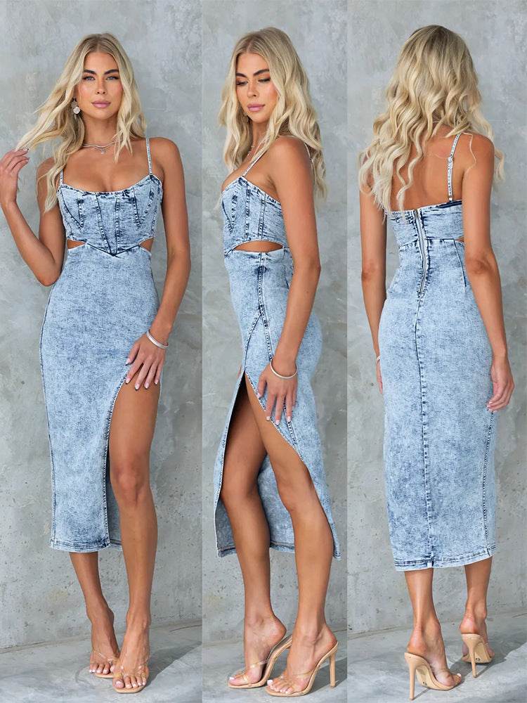 Women's Fashion Personalized Sleeveless Sling Denim Split Midi fitted Dress - www.Shopthatapp.com