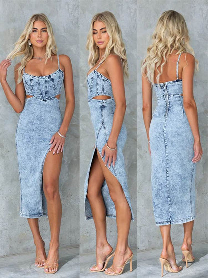 Women's Fashion Personalized Sleeveless Sling Denim Split Midi fitted Dress - www.Shopthatapp.com