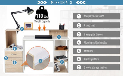 Modern Computer Desk with Drawers and Storage Shelves, Study Workstation, Writing Desk with Printer Stand for Home Office, Oak and White