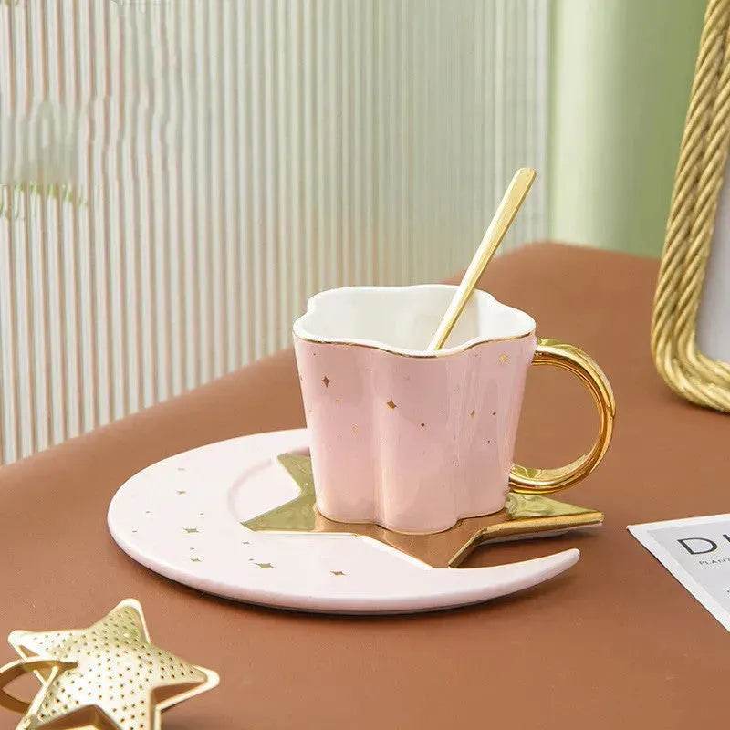 4pc set Creative Porcelain Ceramic Coffee Cup With Star And Moon Saucer - www.Shopthatapp.com