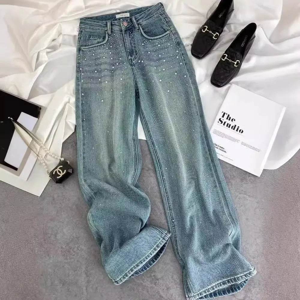 Starry Diamond In The Debris Rhinestone Straight Baggy Jeans Pant For Women - www.Shopthatapp.com