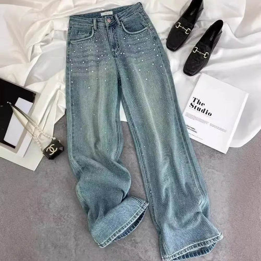 Starry Diamond In The Debris Rhinestone Straight Baggy Jeans Pant For Women - www.Shopthatapp.com