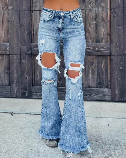 Blue Denim Ripped Flare Jeans pant for Women Raw Hem Pant - www.Shopthatapp.com