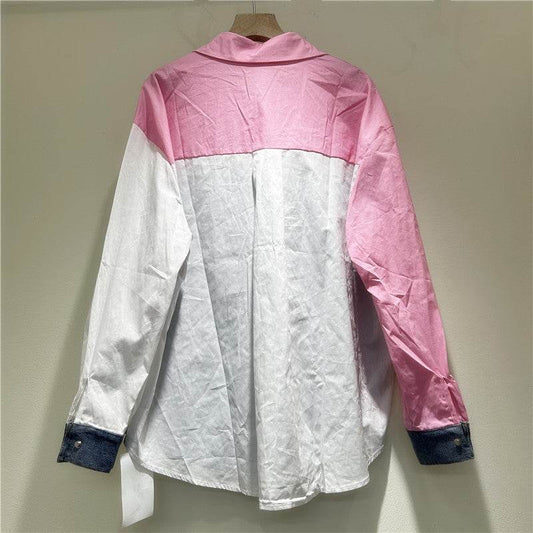 High-grade Contrast Color Patchwork Cotton Denim Long Sleeve Loose Shirt Women - www.Shopthatapp.com