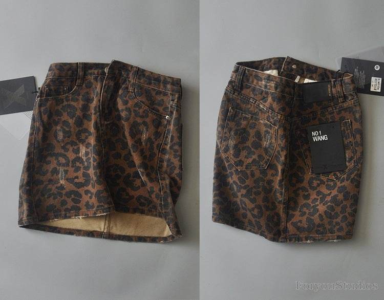 Leopard Print Mini Denim Skirt Women's High Waist Pencil Skirt - www.Shopthatapp.com
