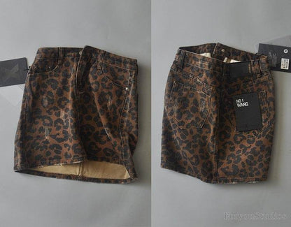 Leopard Print Mini Denim Skirt Women's High Waist Pencil Skirt - www.Shopthatapp.com