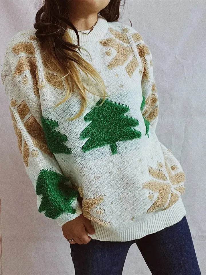 Women's Fashion Christmas Tree Jacquard Round Neck Long Sleeve Pullover Sweater top - www.Shopthatapp.com