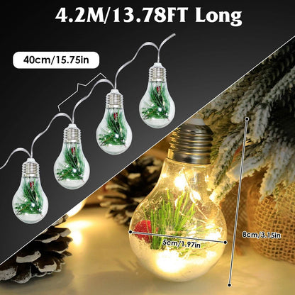 1Pc 13.78FT Christmas Snow Globe String Light Battery Powered 10 LED Bulbs Indoor Christmas Lights With Pine Needles Snowflakes Berries - www.Shopthatapp.com