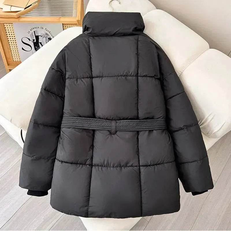 Winter Plaid Sewing Lapel Coat With Lace-up Design Fashion Loose Solid Thick Jacket Outerwear Women's Clothing - www.Shopthatapp.com