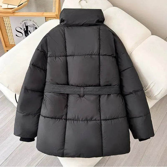 Winter Plaid Sewing Lapel Coat With Lace-up Design Fashion Loose Solid Thick Jacket Outerwear Women's Clothing - www.Shopthatapp.com