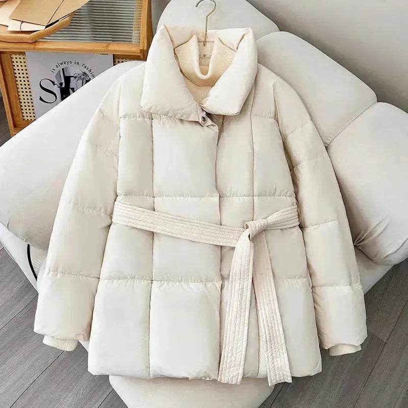 Winter Plaid Sewing Lapel Coat With Lace-up Design Fashion Loose Solid Thick Jacket Outerwear Women's Clothing - www.Shopthatapp.com