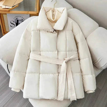 Winter Plaid Sewing Lapel Coat With Lace-up Design Fashion Loose Solid Thick Jacket Outerwear Women's Clothing - www.Shopthatapp.com