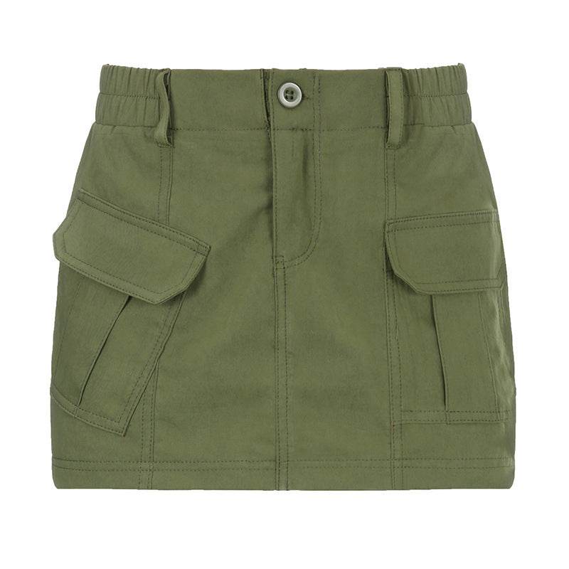 Simple Tooling Style Pocket Army Green Woven Hot Girl A- Line Mini Hip Cargo Skirt Summer - www.Shopthatapp.com
