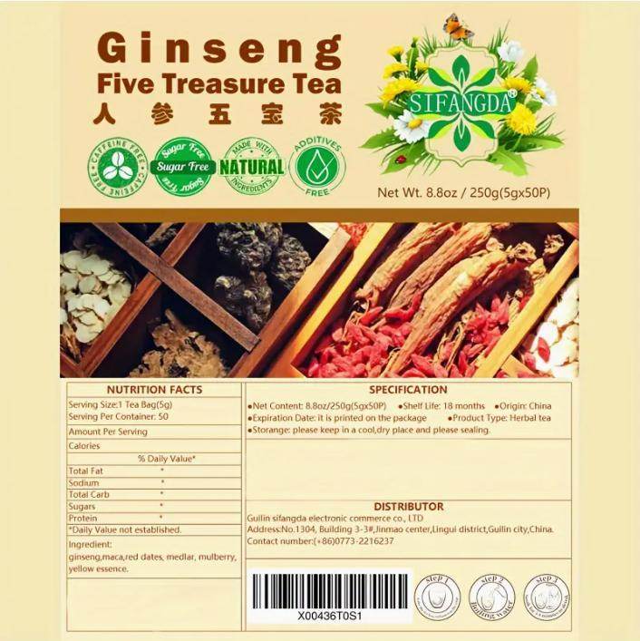 8.81 Oz Five Treasures Ginseng Tea - 250g, 50 Pieces, 5g - www.Shopthatapp.com