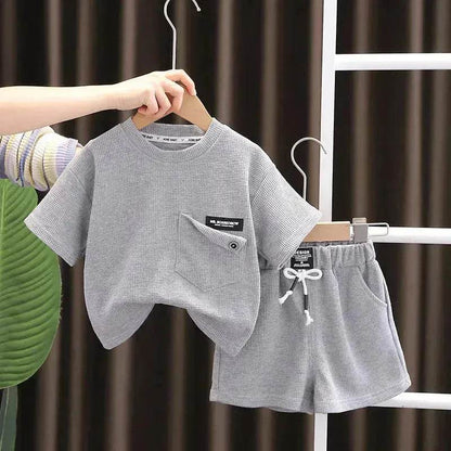Children's Summer Clothing Casual Plain color Cotton Short Sleeve shirt and Short pant Two-piece Set - www.Shopthatapp.com