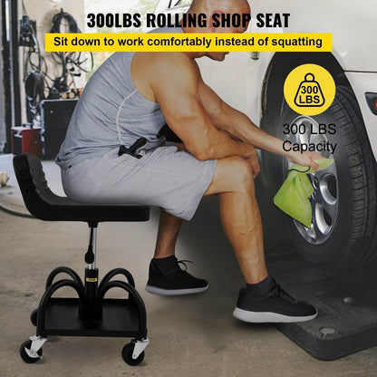 Rolling Garage Stool, 300LBS Capacity, Adjustable Height From 15.7 In To 20.5 In, Mechanic Seat With 360-degree Swivel Wheels And Tool Tray, For Workshop, Auto Repair Shop, Black - www.Shopthatapp.com