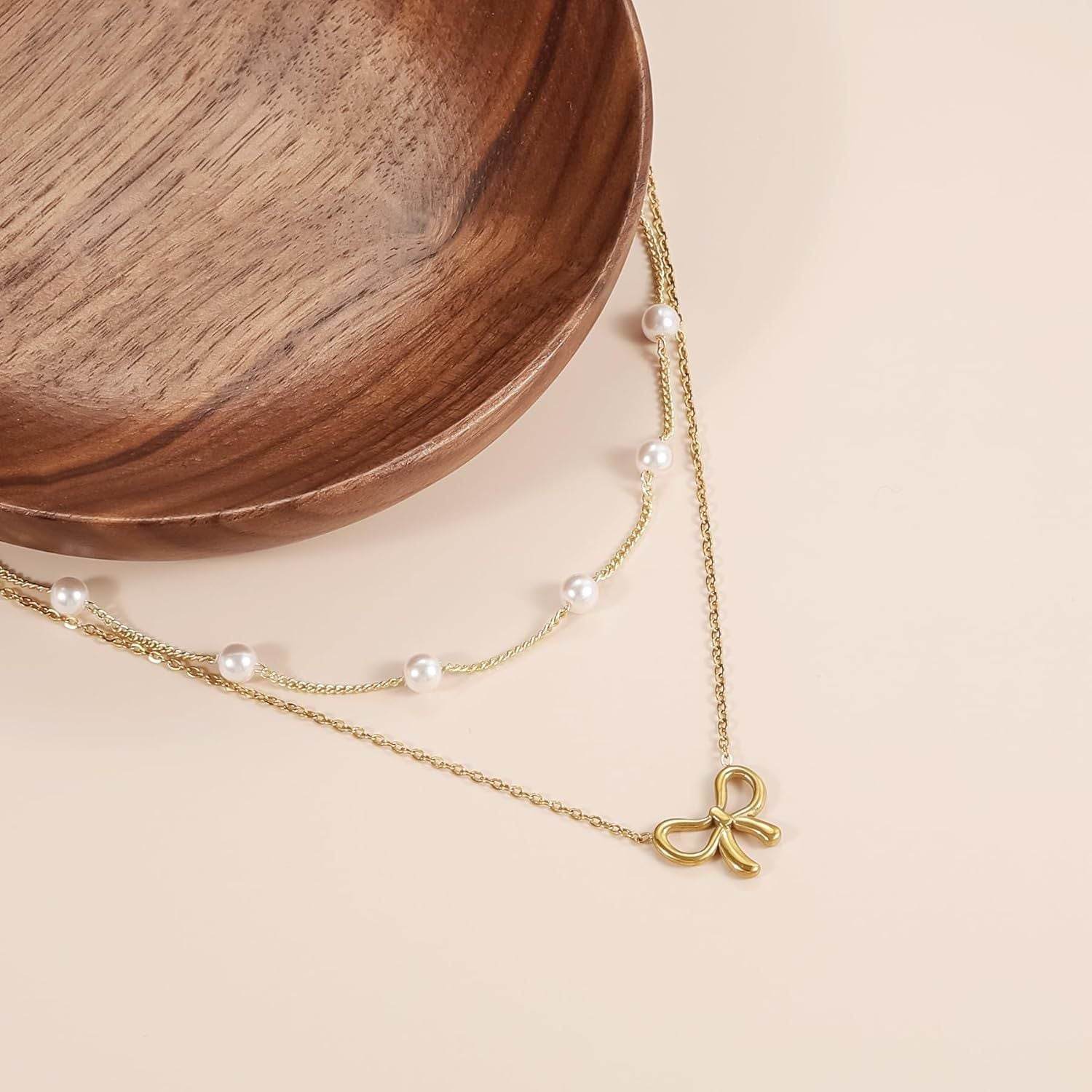 Simple Pearl Double Layer Choker Fashion Gold Color Necklaces Chain Small Bow Pendant Necklace Jewelry Gifts For Women Fashion Jewelry Valentine's Day Gifts - www.Shopthatapp.com