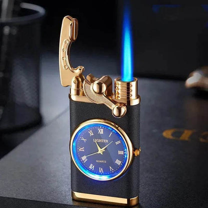 New Lighter With Electric Watch Rocker Arm Automatic Ignition Straight Blue Flame Lighter Creative Real Dial Inflatable Windproof Cigar Lighter Men's Watch Gift - www.Shopthatapp.com