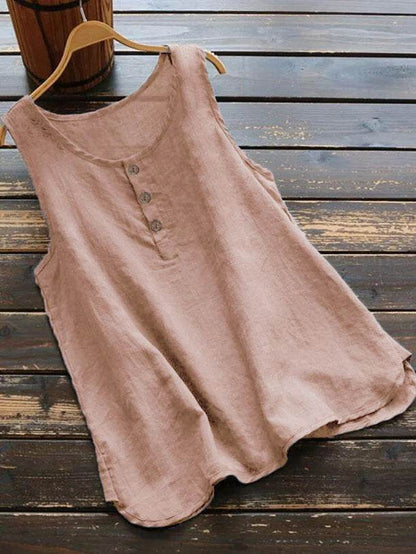Solid Color Round Neck Loose Casual Vest Cotton Linen summer blouse top for Women - www.Shopthatapp.com