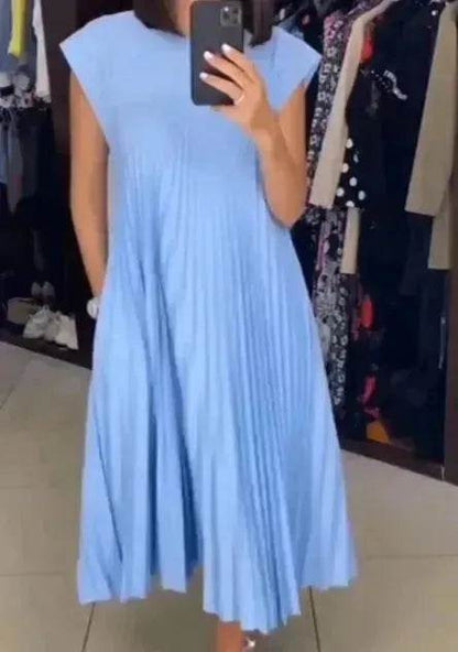 Women Summer Pleated Maxi Dress Casual Short Sleeve Crewneck Flowy Swing Long Dress with Pockets - www.Shopthatapp.com
