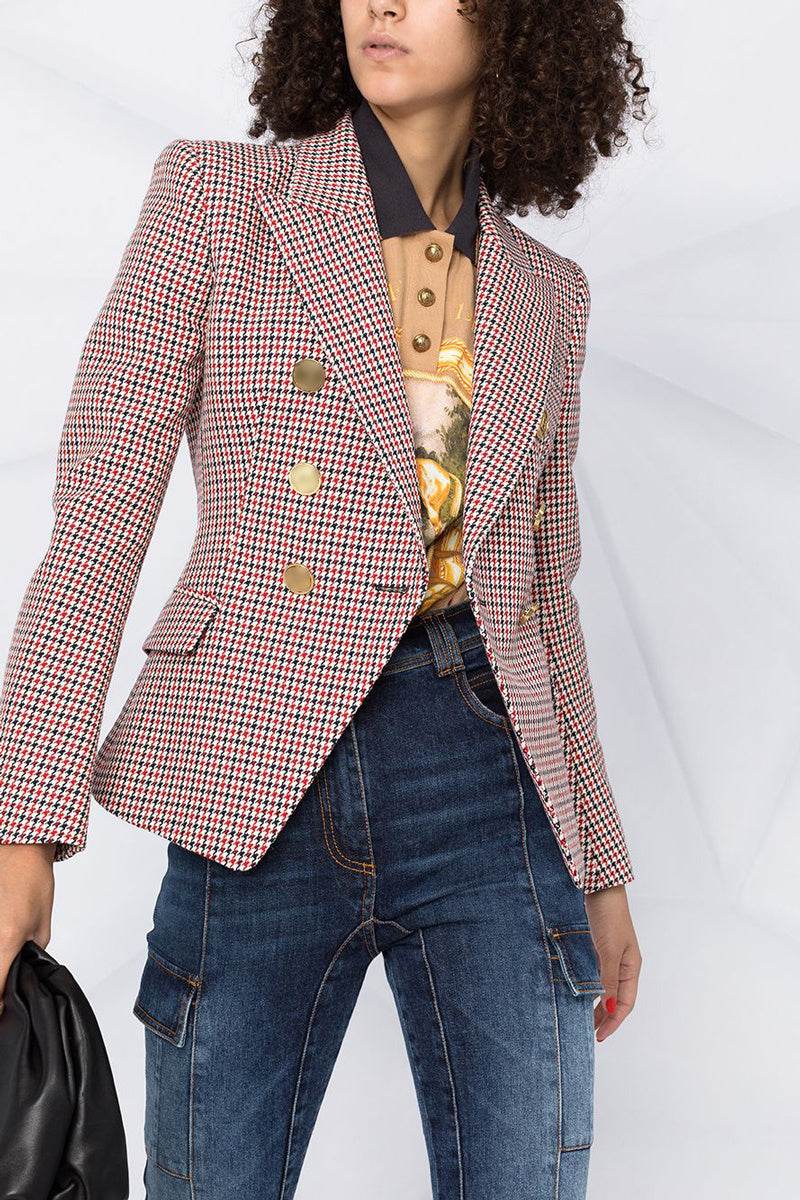 Houndstooth Small Jacket Women Long-Sleeved Double-Breasted Plaid Blazer - www.Shopthatapp.com