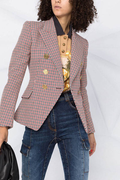 Houndstooth Small Jacket Women Long-Sleeved Double-Breasted Plaid Blazer - www.Shopthatapp.com