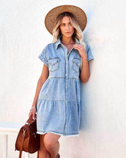 Casual Fashion Denim Short Sleeve loose mini Dress - www.Shopthatapp.com