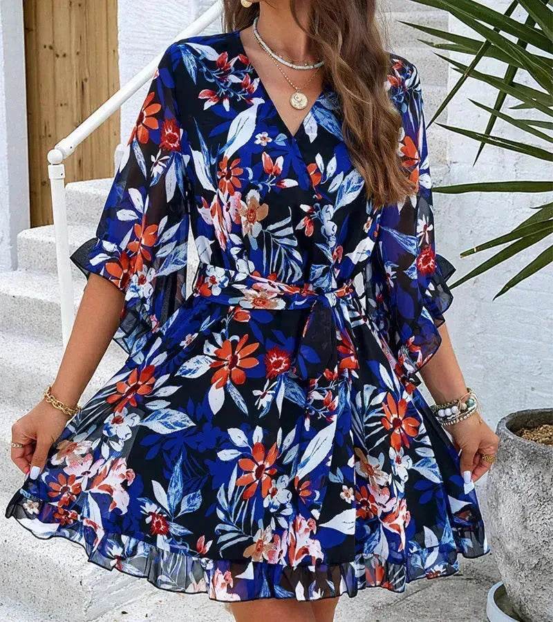 Casual Summer Chiffon Floral Print Short Sleeves Dress Lace Up Ruffles Design Fashion V-neck Short Mini Dresses Womens Clothing - www.Shopthatapp.com