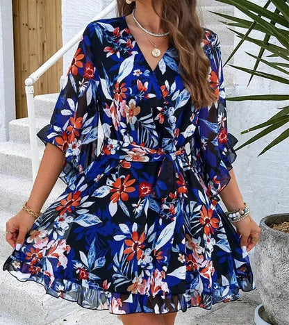 Casual Summer Chiffon Floral Print Short Sleeves Dress Lace Up Ruffles Design Fashion V-neck Short Mini Dresses Womens Clothing - www.Shopthatapp.com