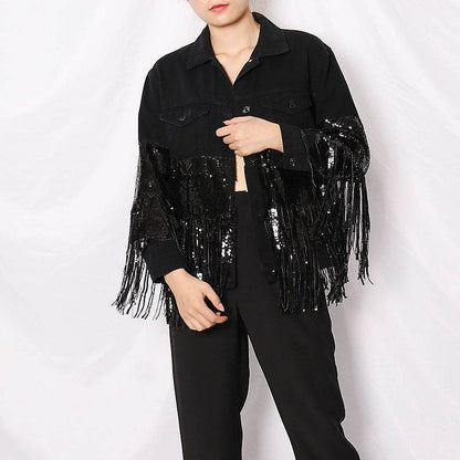 Lapel Pocket Heavy Industry Sequins Tassel  Loose Ripped Denim Jacket Women - www.Shopthatapp.com