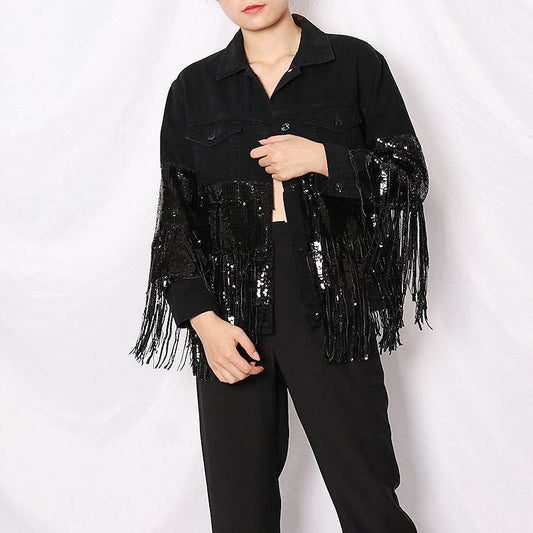 Lapel Pocket Heavy Industry Sequins Tassel  Loose Ripped Denim Jacket Women - www.Shopthatapp.com