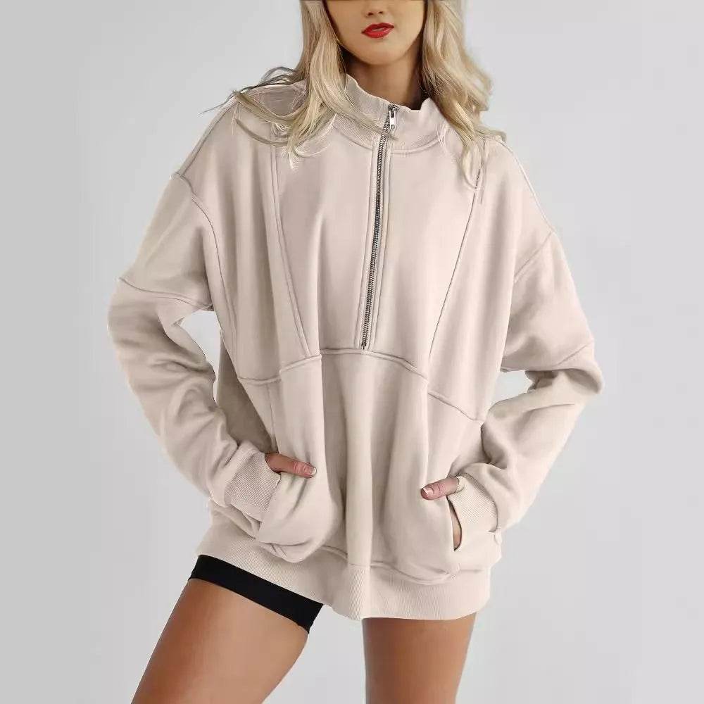 Women's Half Zipper Pocket Fashion Casual Exercise Oversized Sweatshirt Pullover - www.Shopthatapp.com